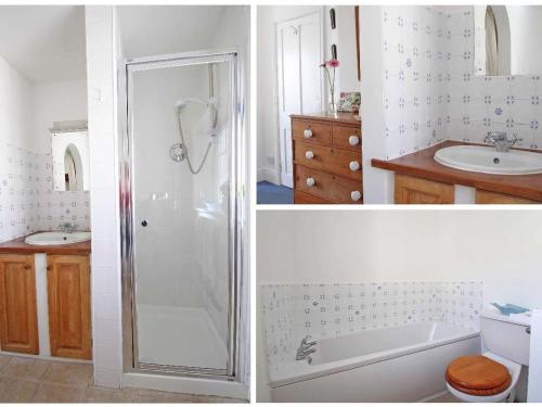 two pictures of a bathroom with a shower and a sink at Watchtower in Torpoint