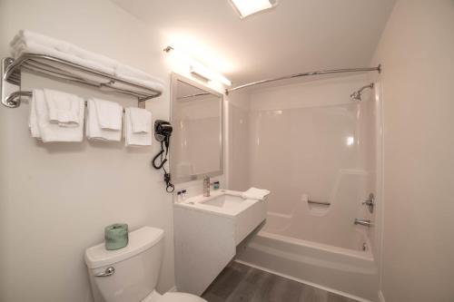 a white bathroom with a toilet and a shower at Viking Shores Motor Inn in Eastham
