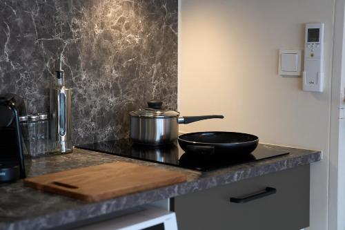 a stove top with a pan and a pot on it at Cozy & Fully Equipped Studio in Eindhoven 2 in Eindhoven