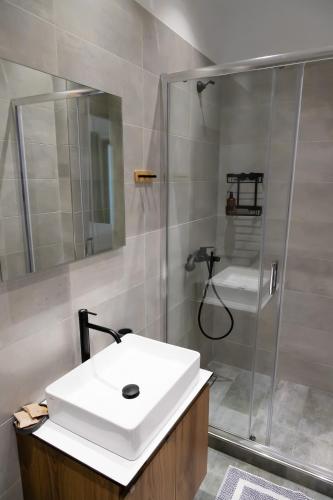 a bathroom with a white sink and a shower at Epsilon Premium Studios in Ermoupoli