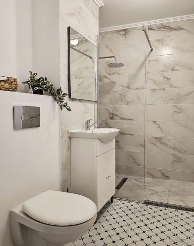 a white bathroom with a toilet and a shower at At Blue in Suceava