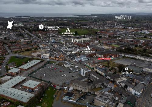 an aerial view of a city with streets and buildings at Ashburn Hotel Apartment 71A in Lurgan