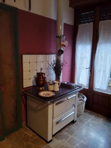 cocina con paredes de color púrpura y encimera en Affittacamere La Casa di Alma, en Roncobillaccio