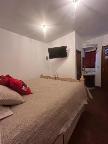a bedroom with a large bed and a flat screen tv at La Casona de Ciudad Vieja in Ciudad Vieja