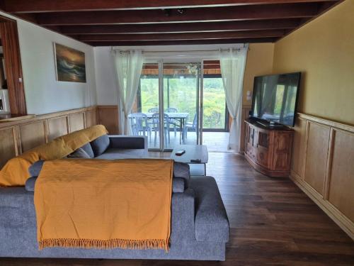 a living room with a couch and a tv at le ti coin papi hugues in La Plaine des Palmistes