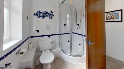 a bathroom with a toilet and a shower at F11 Roslyn, Riviere Towans in Hayle