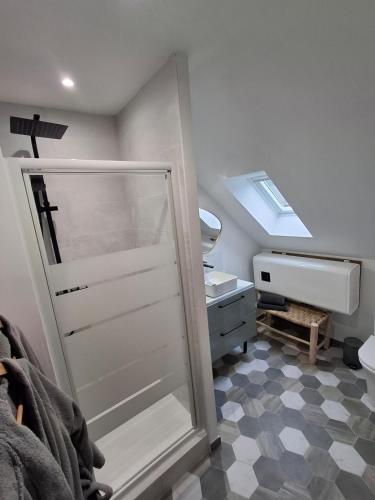 une salle de bain avec une douche, un lavabo et un miroir dans l'établissement studio proche plage avec jacuzzi, à Camiers