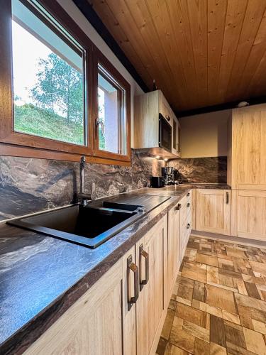 une cuisine avec un évier et une fenêtre dans l'établissement LE GRENIER DES MIOS, à La Bresse