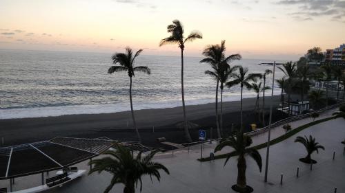 a view of a beach with palm trees and the ocean at Miramar Atlántico Playa in Los Llanos de Aridane