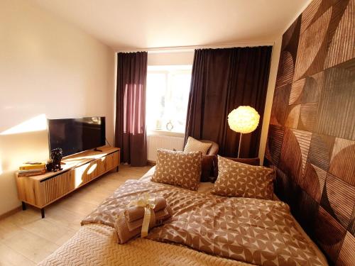a bedroom with a bed and a flat screen tv at Apartament Słoneczny in Wałbrzych