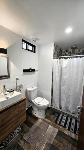 a bathroom with a toilet and a sink and a shower at PLAZA ACEQUIA SUITES para 1 a 4 personas ESPECIALISTAS CORTAS MEDIANAS Y LARGAS ESTANCIAS en IZCALLI TEPOTZOTLAN perfectas para Familias, Turistas, Contratistas, Estudiantes, Empresas y Ejecutivos 5 min Izcalli 15 min Esmeralda 20 min Satélite 25 min AIFA in Cuautitlán Izcalli