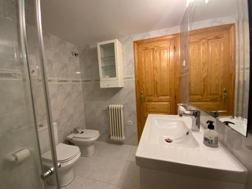 a bathroom with a sink and a toilet and a shower at Apartamento céntrico en Benasque in Benasque