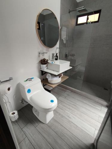 a bathroom with a toilet and a sink and a mirror at Casa con Piscina y jacuzzi, vista al Volcán Tenorio in Martirio