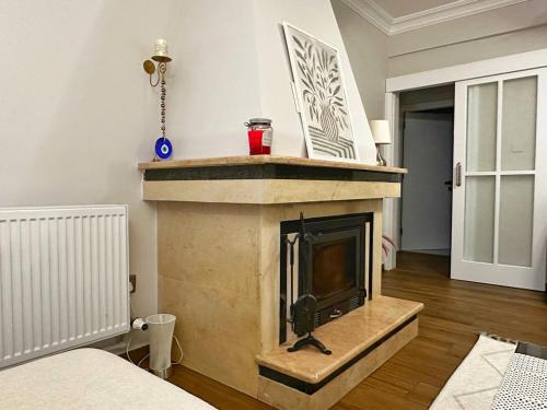 a living room with a fireplace with a tv at Cheerful and cozy Bungalow with pool and fireplace in Athalassa