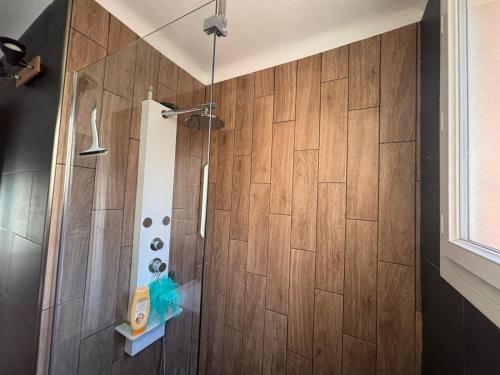 une salle de bain avec douche et parquet dans l'établissement Les Naïades, à Antibes