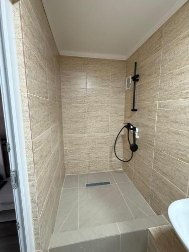 a bathroom with a shower with a sink and a shower at Casa Stefan in Piteşti