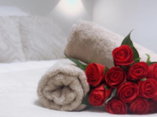 a bouquet of red roses sitting next to a teddy bear at Appartement 5 Lits, tout équipé, WiFi, NetfliX in Vaulx-en-Velin