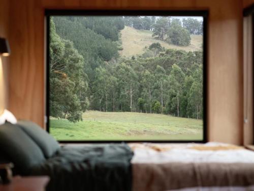 a view of a field from a window with a couch at Off-Grid Cabin with Valley Views and Hot Tub - Velma in Tarra Valley