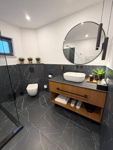 a bathroom with a sink and a mirror at Krystal Boutique Mansion in Hunedoara