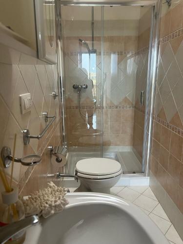 a bathroom with a shower with a toilet and a sink at B&B Villa Striari in Otranto