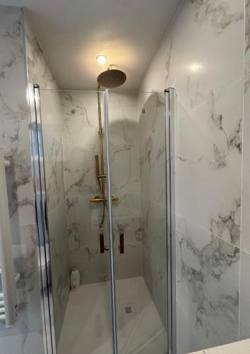 une salle de bain avec une douche avec une porte vitrée dans l'établissement Suite le Venitia - Appartement standing, à Cannes