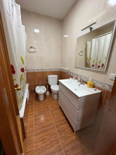 a bathroom with a sink and a toilet and a mirror at Casa Rosa in Trevélez
