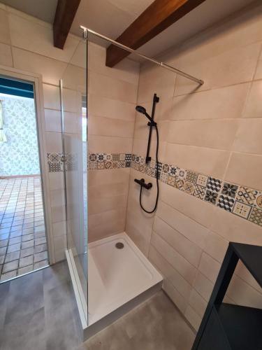 a bathroom with a shower with a glass door at Gîte Charolais Burgundy in Mont-et-Marré