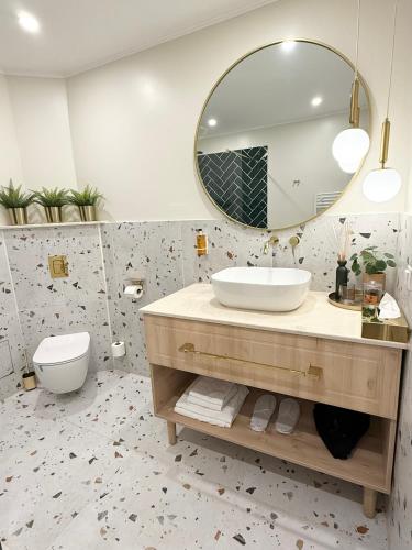 a bathroom with a sink and a mirror at Krystal Boutique Mansion in Hunedoara