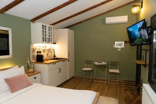 a bedroom with a bed and a kitchen with a tv at ToVouno in Plaka