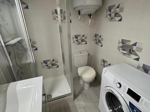 La salle de bains est pourvue de toilettes et d'un lave-linge. dans l'établissement Charmant T1 à Balaruc-les-Bains avec balcon, animaux admis - FR-1-503-76, à Balaruc-les-Bains