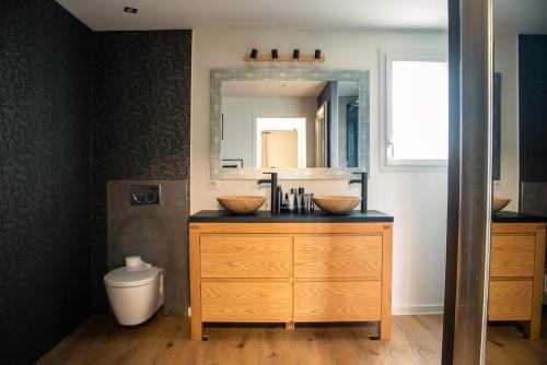 une salle de bain avec un lavabo et un miroir dans l'établissement La Cierba Villa avec piscine et jacuzzi, à Angresse