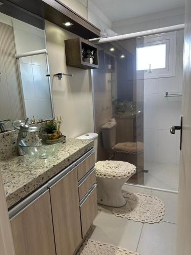 a bathroom with a toilet and a sink and a shower at Apartamento Hardt in Pomerode