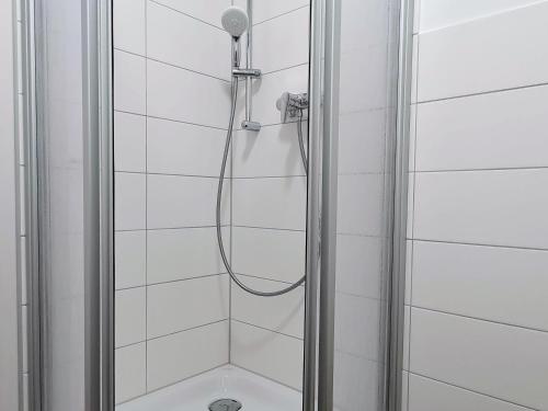prysznic ze szklanymi drzwiami w łazience w obiekcie Hogulu - im Herzen der Altstadt, Appartement 11 w mieście Brandenburg an der Havel
