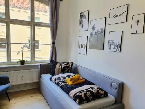 a blue couch in a room with a window at Hogulu - klein und fein in der Altstadt, Appartement 10 in Brandenburg an der Havel