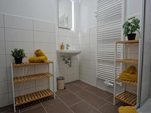een badkamer met een wastafel en een witte tegelmuur bij Hogulu - STILVOLL UND ZENTRAL - 3-RAUM Appartement 1 in Brandenburg an der Havel