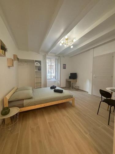 une chambre avec un grand lit dans une pièce dans l'établissement Charmant studio centre ville jardin des plantes - Montpellier, à Montpellier