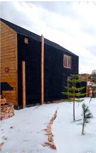 a black building with a tree in the snow at أكواخ الصنوبر in Suda