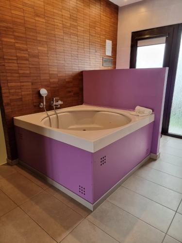 a bathroom with a purple tub in a room at Apartamentos El Arrecife in Conil de la Frontera