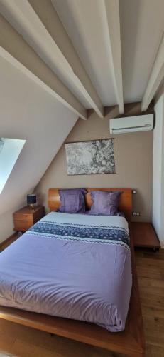 - une chambre avec un grand lit et des oreillers violets dans l'établissement Les Arène Triplex Hyper Centre, à Bourges