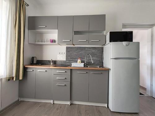 a kitchen with stainless steel appliances and a refrigerator at Villa Alex in Siófok