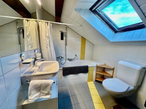 a bathroom with a sink and a toilet and a skylight at Cosy roof flat close lausanne center - ES in Montagibert