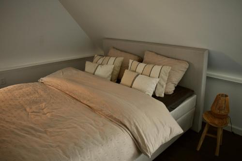 ein Schlafzimmer mit einem Bett mit Kissen darauf in der Unterkunft Logies Langestreek Lemmer in Lemmer