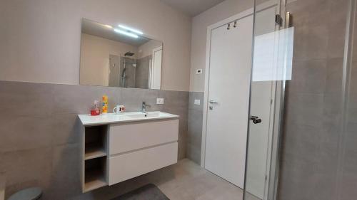 a bathroom with a sink and a mirror and a shower at Appartamento La Bussola in Còvolo