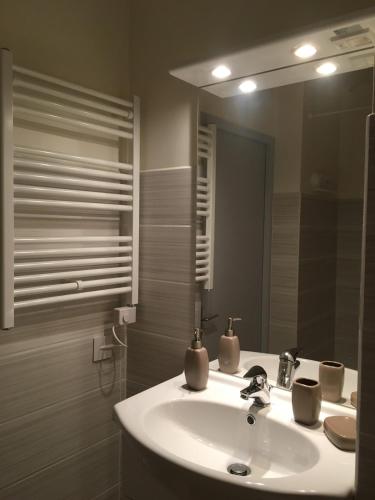 une salle de bain avec un lavabo blanc et un miroir dans l'établissement le studio du centre ville, à Annecy