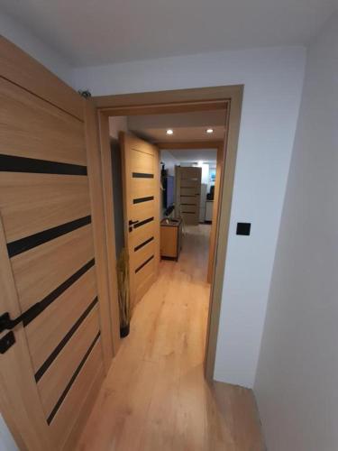 a hallway with two wooden doors in a room at Apartament typu suite BRIDGE dla 4-5 OSÓB in Płock