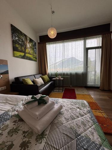 a bedroom with a bed with a couch and a living room at Apartment Helena in Bad Goisern