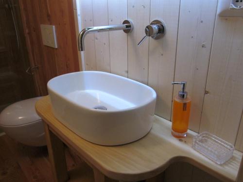 a white sink on a wooden counter in a bathroom at B&B Al Larice in Strigno