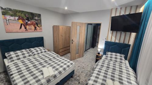 a bedroom with two beds and a flat screen tv at Pensjonat Lubianka in Starachowice