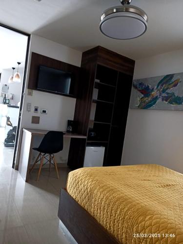 a bedroom with a bed and a desk with a chair at Tepeyac 402 in León