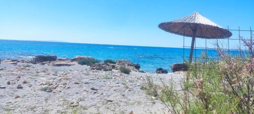 a beach with a straw umbrella and the ocean at Sea Sight Vibes in Frangokastello